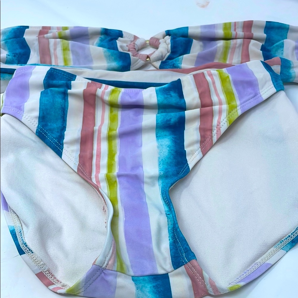 Sandflower Blue Purple Green Striped Strapless Bikini Swimsuit Set Size Large